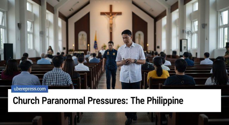 Dimly lit Philippine church interior at dusk with a gentle paranormal glow and fog suggesting unseen presence.