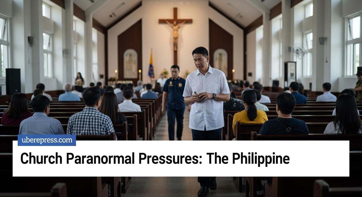 Dimly lit Philippine church interior at dusk with a gentle paranormal glow and fog suggesting unseen presence.
