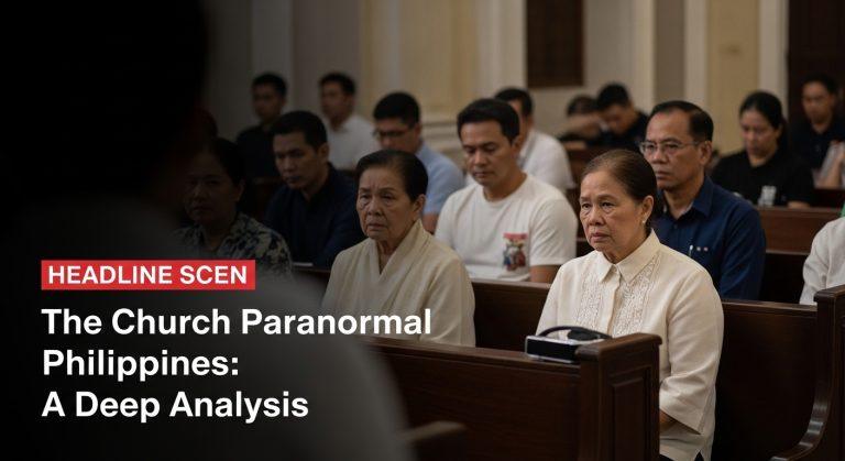 Dimly lit Philippine church at dusk with a subtle supernatural ambiance.