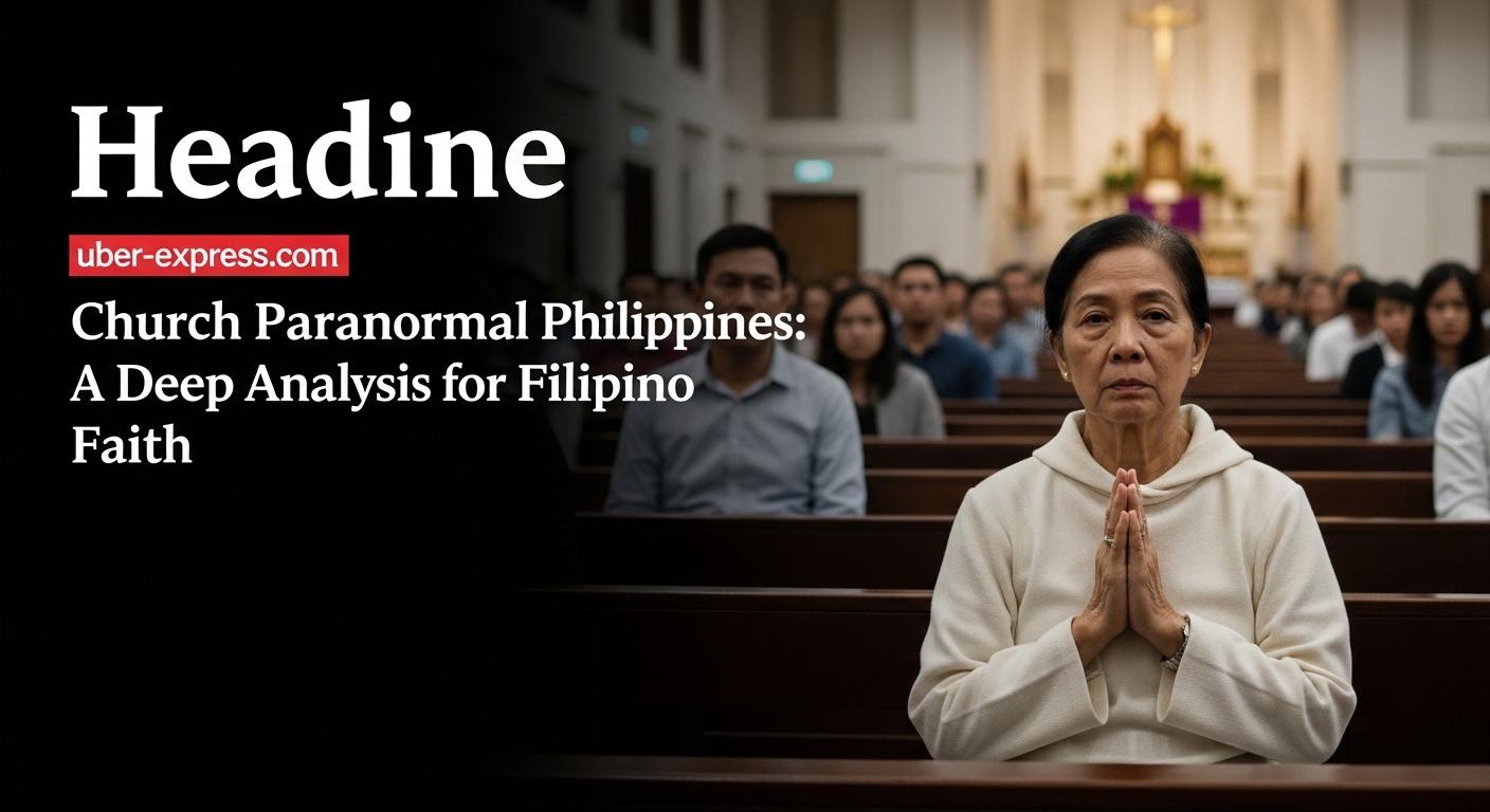 Filipino church interior at dusk with subtle paranormal glow and thoughtful observers.