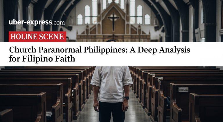 Filipino church interior at dusk with subtle paranormal glow and thoughtful observers.