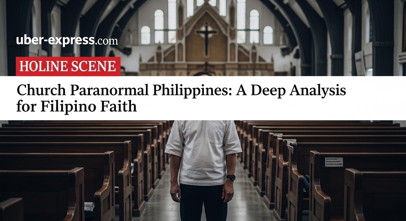 Filipino church interior at dusk with subtle paranormal glow and thoughtful observers.