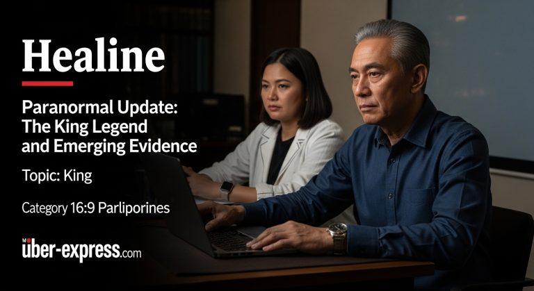 Silhouette of a spectral king figure at night over a Philippine village plaza, with fog and subdued lighting.